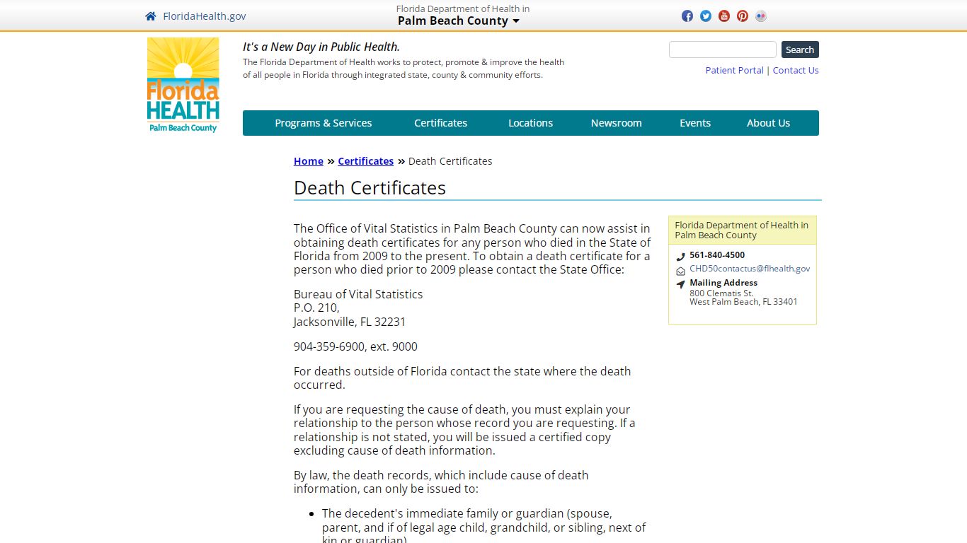 Death Certificates | Florida Department of Health in Palm ...